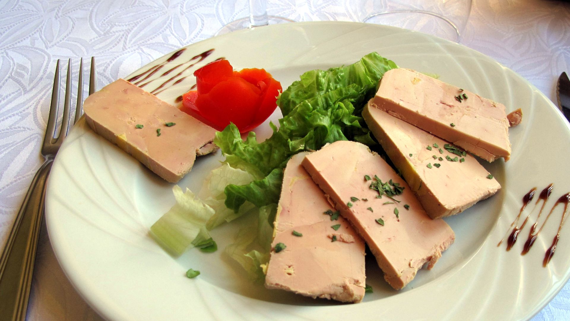 Foie gras served in the restaurant of the Hotel des Touristes in Licq-Athérey (Pyrénées-Atlantiques, France).