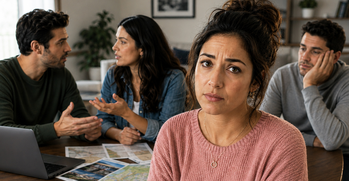 AI-generated image of a group of siblings trying to plan an anniversary trip for their parents.