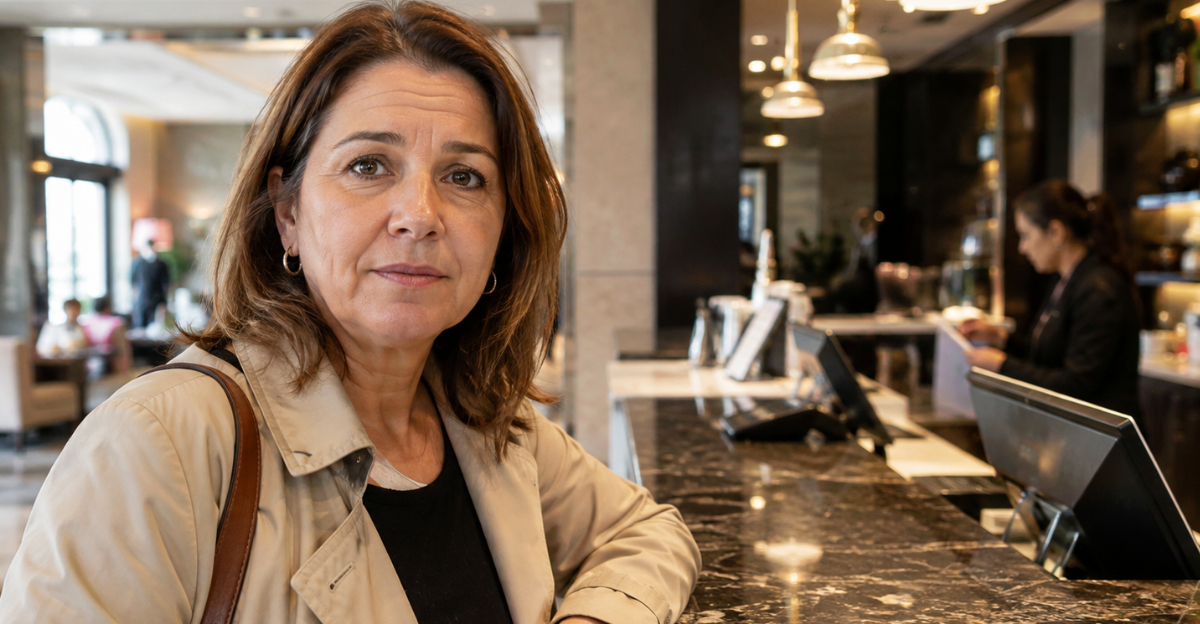Woman in hotel lobby looking at camera