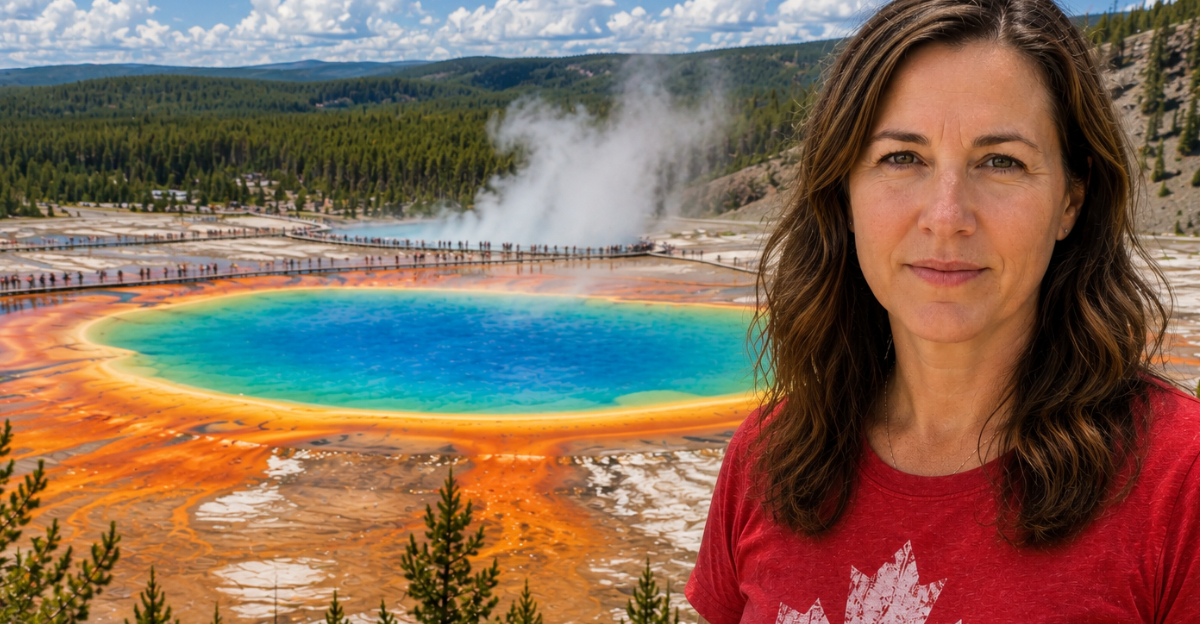Canadian woman looking at camera, national park in background