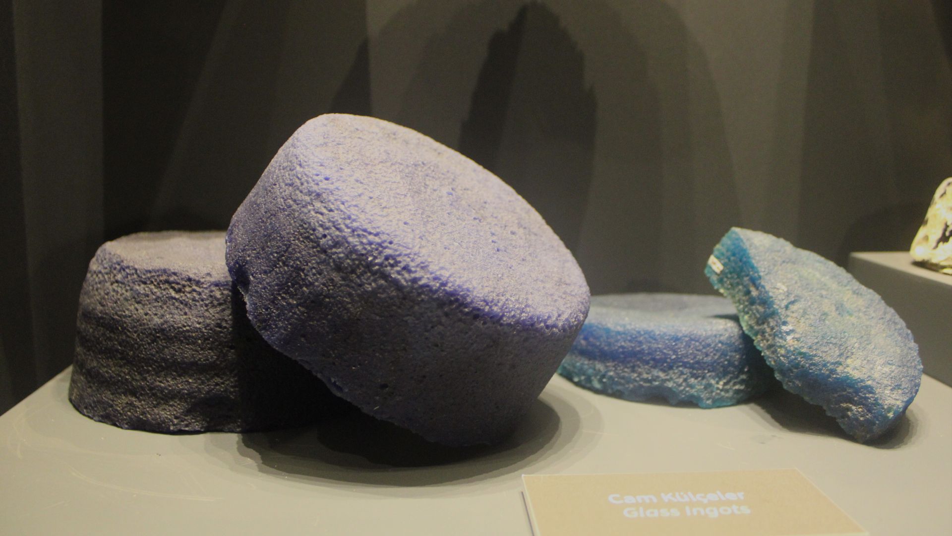Glass ingots, cobalt, turquoise and purple-colored. Found in the Uluburun shipwreck, ca 1300 BC. Bodrum Museum of Underwater Archaeology.