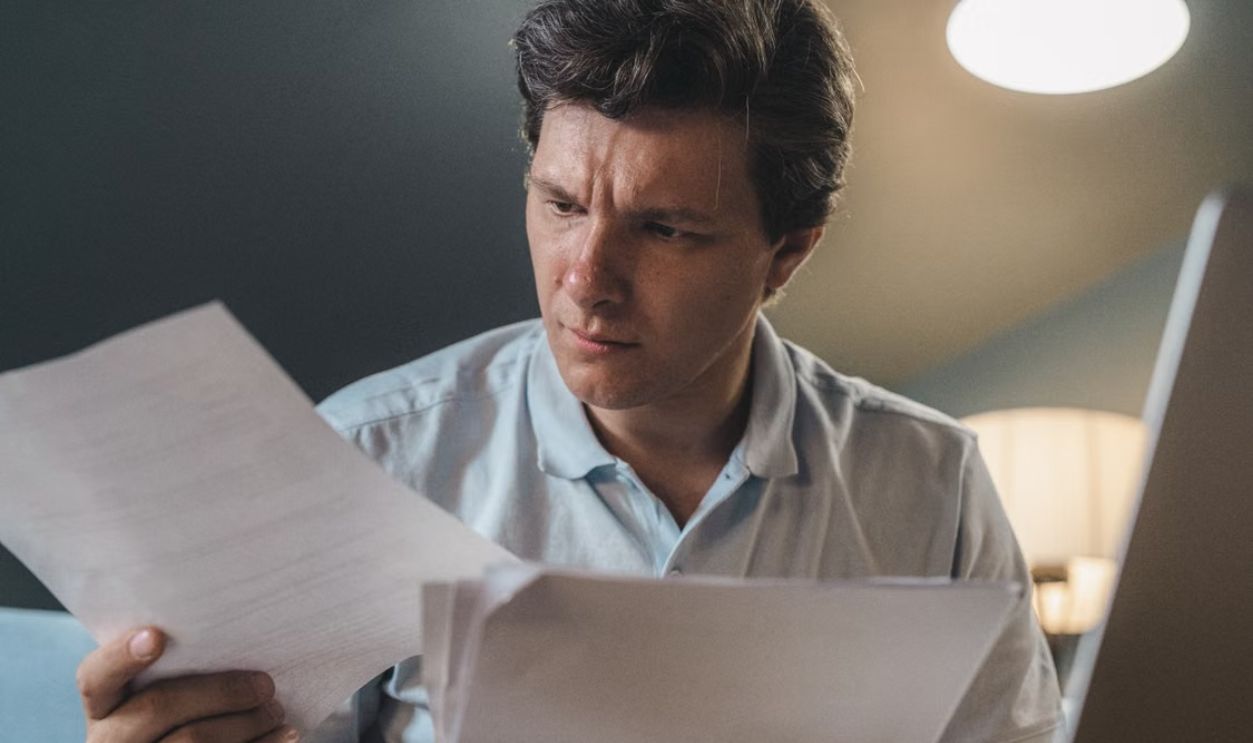 A man intently examines papers, seated indoors under warm lighting, focusing on his work.