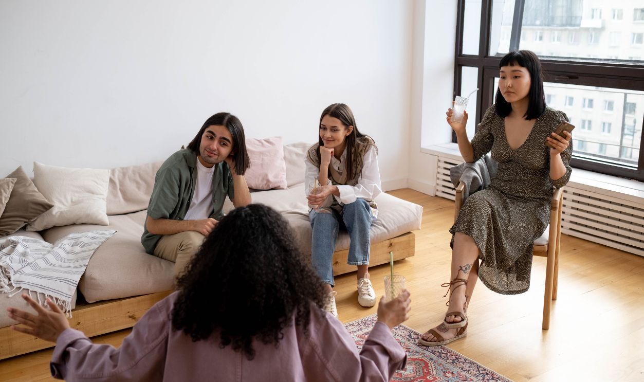 Friends enjoying a laid-back gathering in a stylish living room with drinks and casual attire.