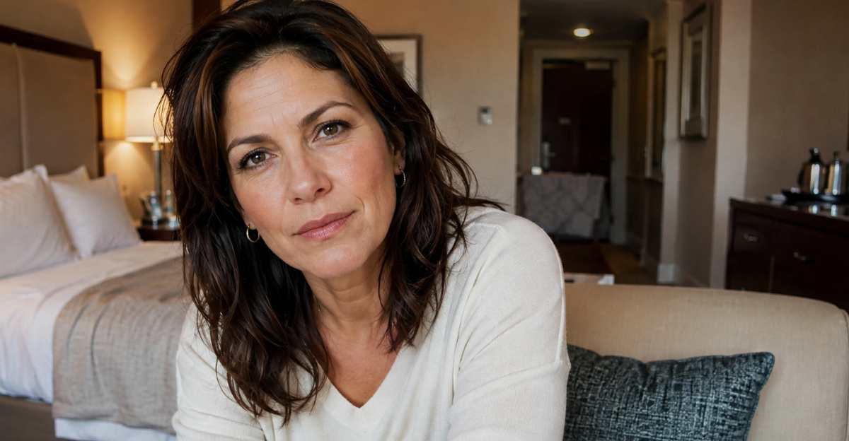 woman in hotel room looking at camera