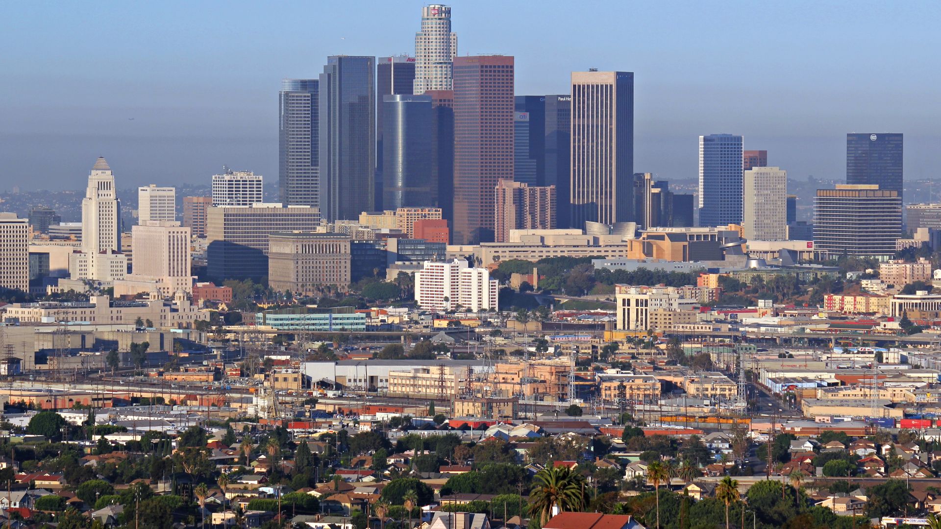The skyline of downtown Los Angeles on a summer morning. Los Angeles, California, USA