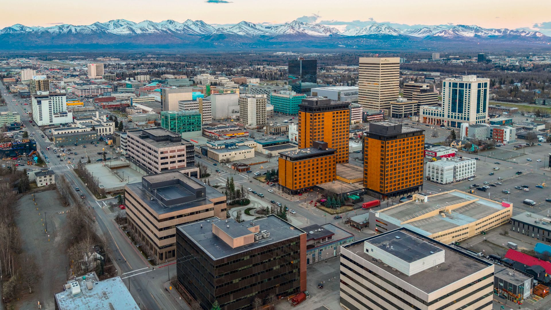The skyline of downtown Anchorage, Alaska. Home to 291,247 residents, it's the largest city in Alaska and contains nearly 40 percent of the state's population.