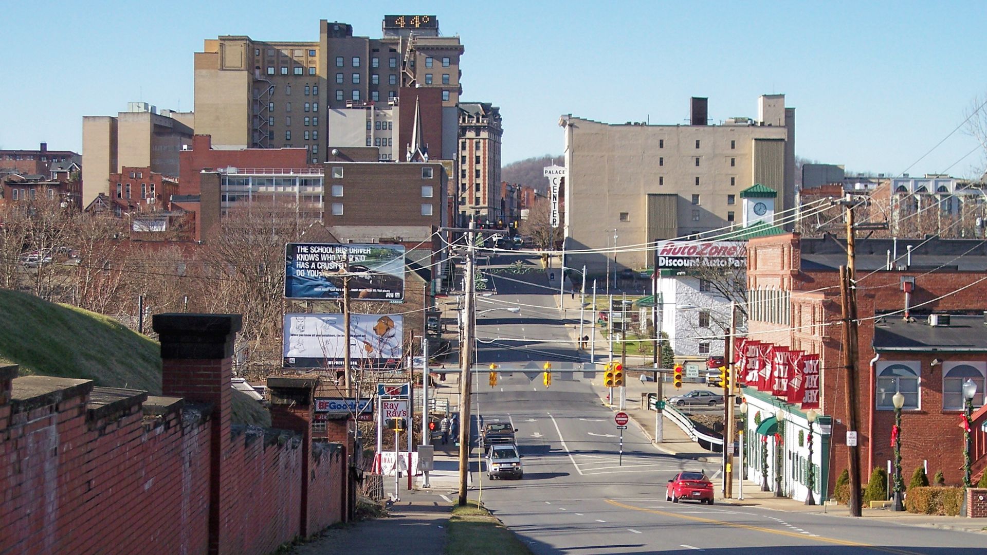 w:Clarksburg, West Virginia as viewed from the east on Main Street
