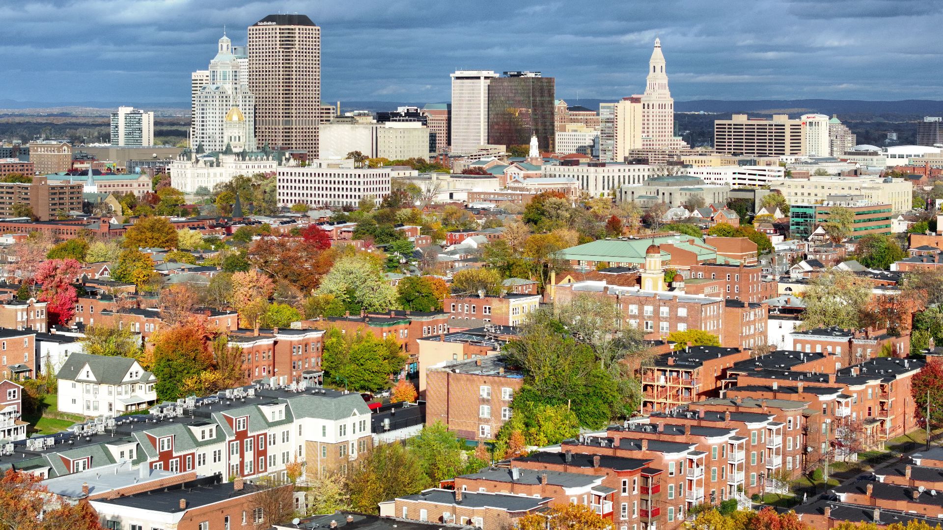 The skyline of Hartford, Connecticut's capital city with a population of 121,000. Taken on October 31, 2025