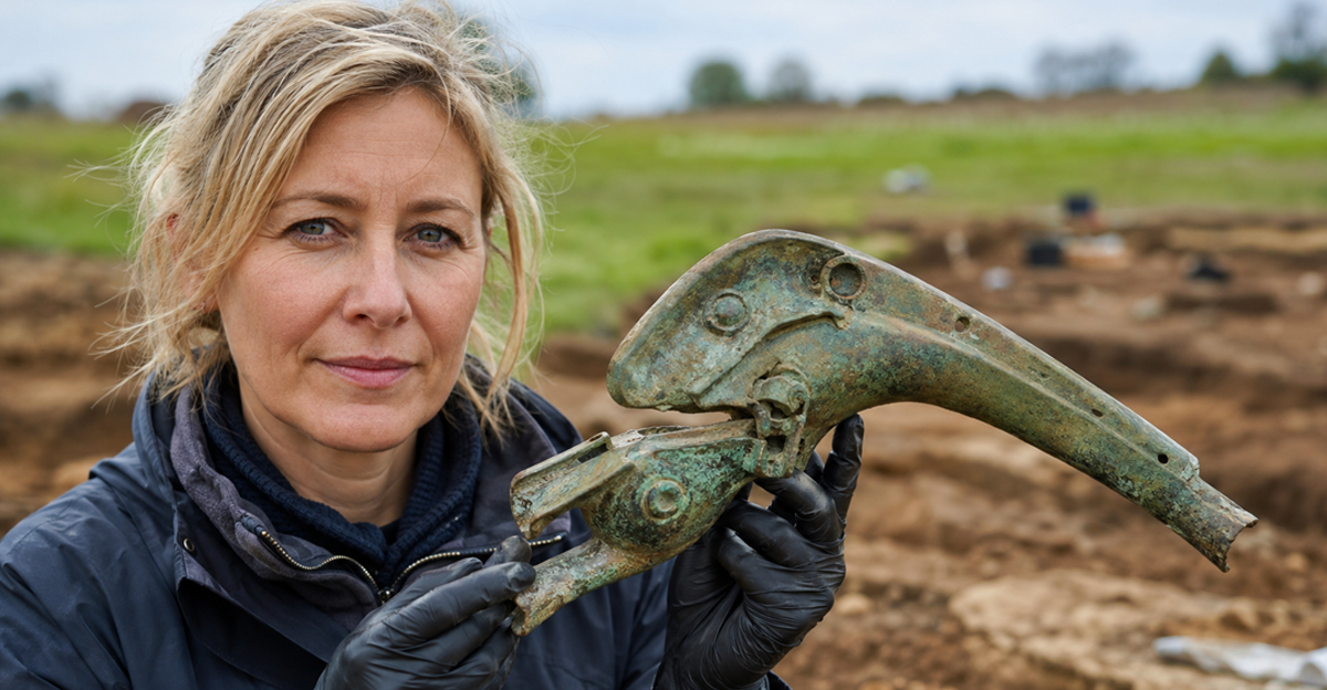 AI-generated image of an archaeologist holding an artifact at an excavation site