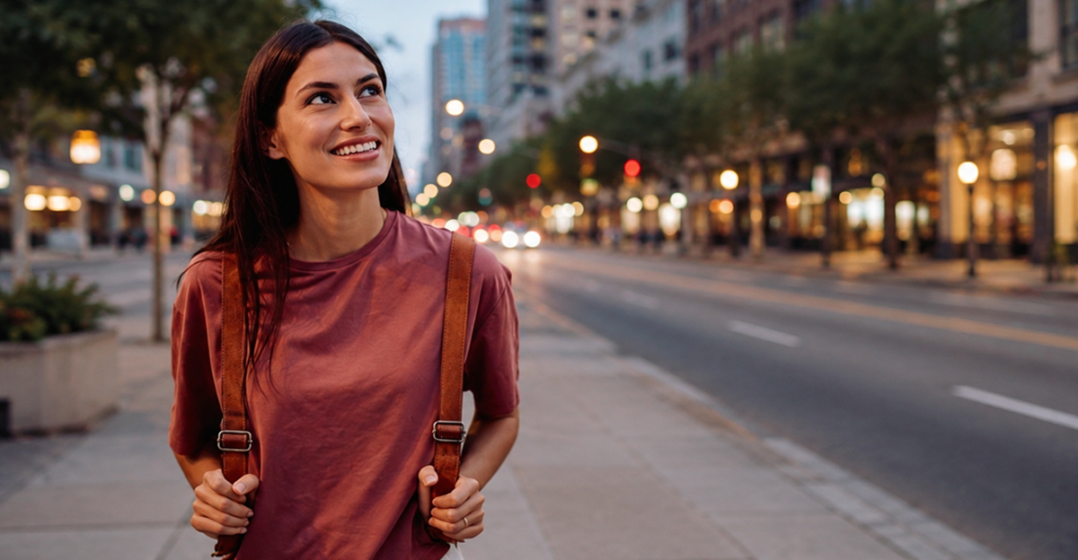 Smiling traveler walking through an American city