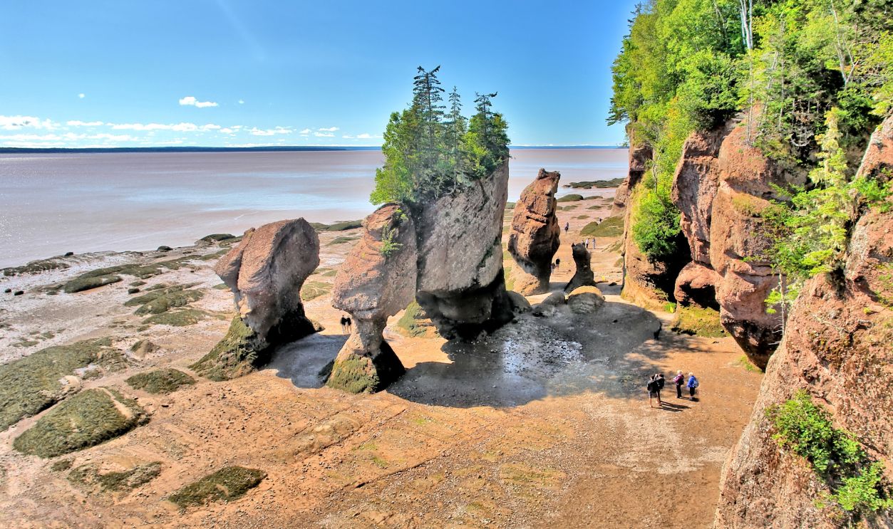 The Bay of Fundy between the Canadian provinces of New Brunswick and Nova Scotia, with extremely high tidal range.