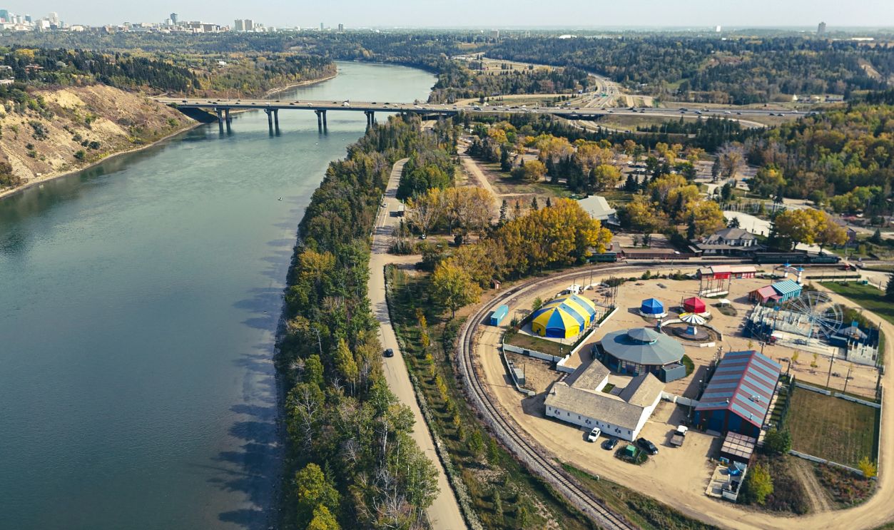 Drone view of the North Saskatchewan River and nearby attractions in Edmonton, Alberta.