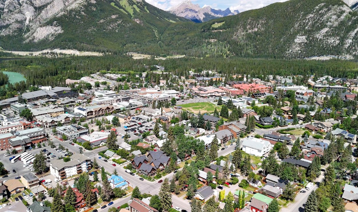 Aerial view of Banff Town on a beautiful summer day. Alberta - Canada.
