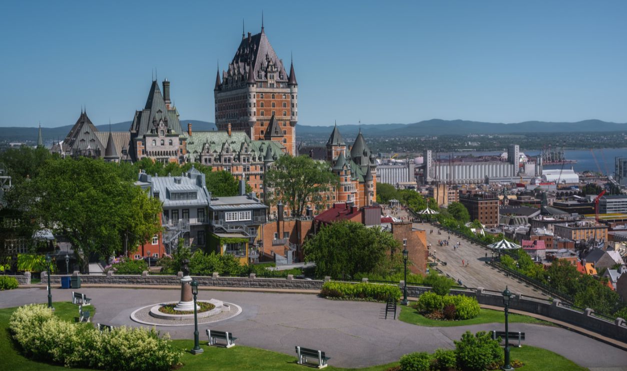 Quebec City view with Chateau Frontenac, Terrasse Pierre-Dugua-De-Mons and Terrasse Dufferin - Quebec City, Quebec, Canada
