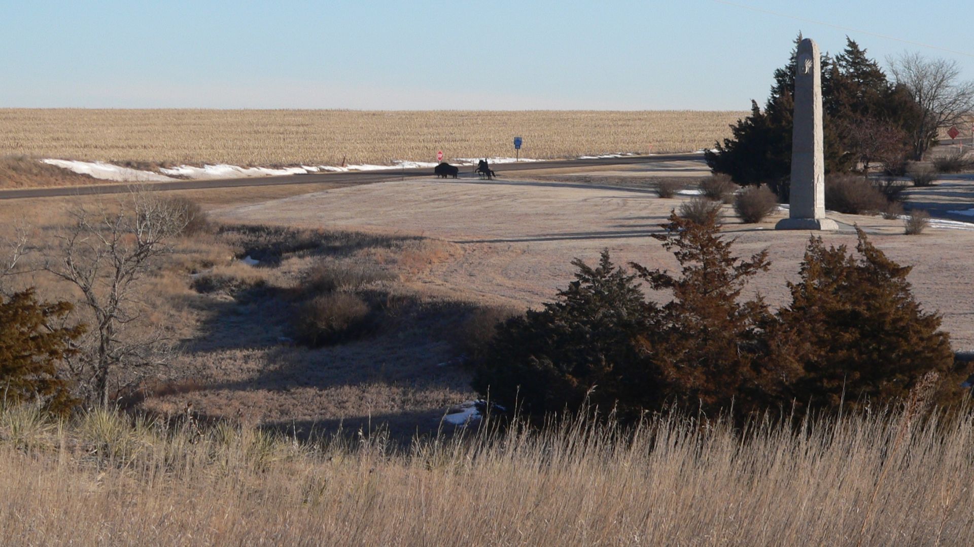 Massacre Canyon monument, on south side of U.S. Highway 34 northeast of Trenton, Nebraska; seen from the southwest. According a nearby historical marker, the monument was built in 1930.