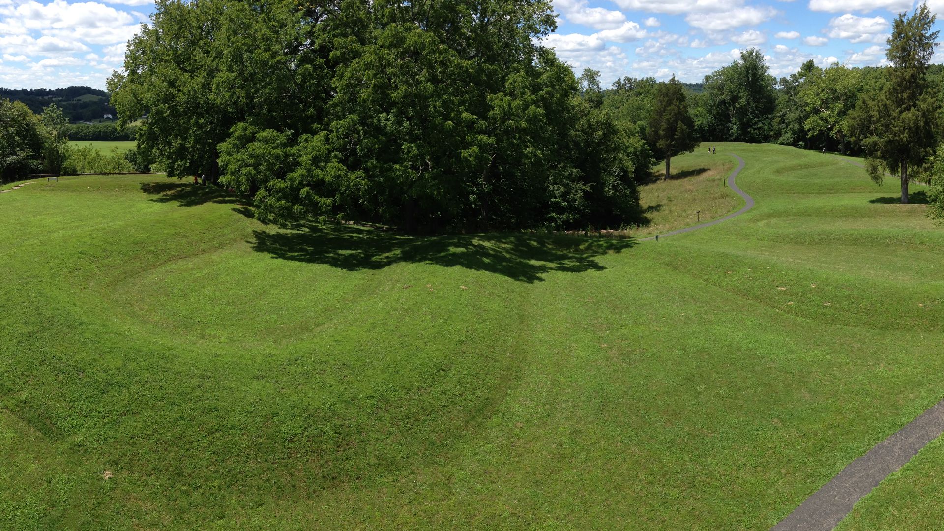 This image was taken in July, 2013, and shows the entirety of The Great Serpent Mound located near Peebles, Ohio, United States. From left, the image shows the serpent's triple-coiled tail, follows its writhing body northward and ends at the effigy's open