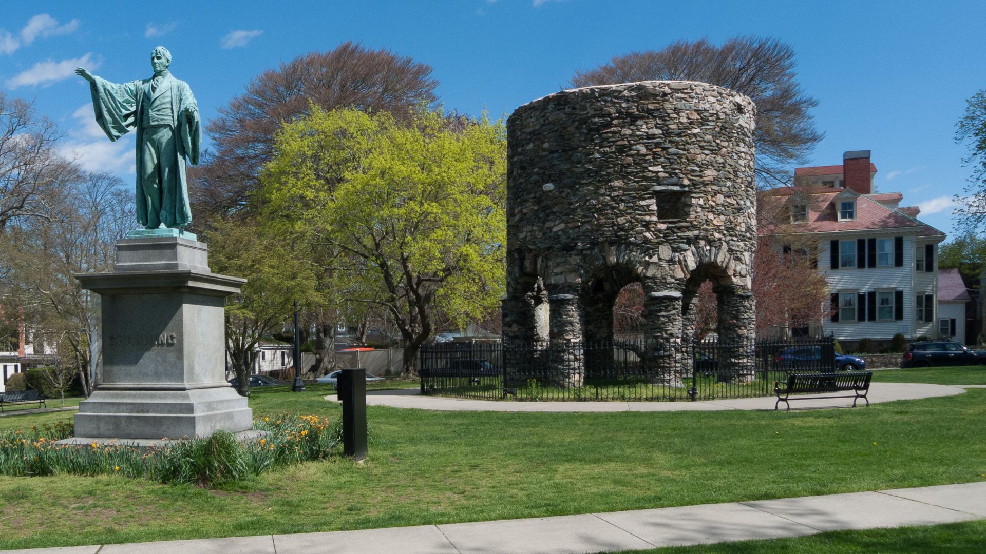 William Ellery Channing statue and Newport Tower, Touro Park, Newport, Rhode Island