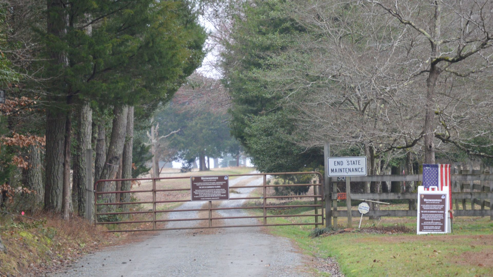 Looking down the driveway toward the site of Werowocomoco, located at the end of Ginny Hill Road west of Gloucester Courthouse in Gloucester County, Virginia, United States. Now owned by the National Park Service, the site is an archaeological site and h