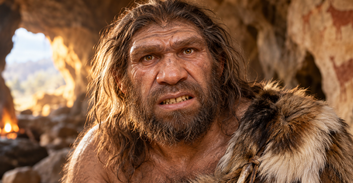 AI-generated image of a Neanderthal in a cave
