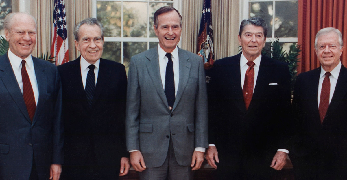 U.S. Presidents George H.W. Bush, Gerald Ford, Richard Nixon, Ronald Reagan and Jimmy Carter