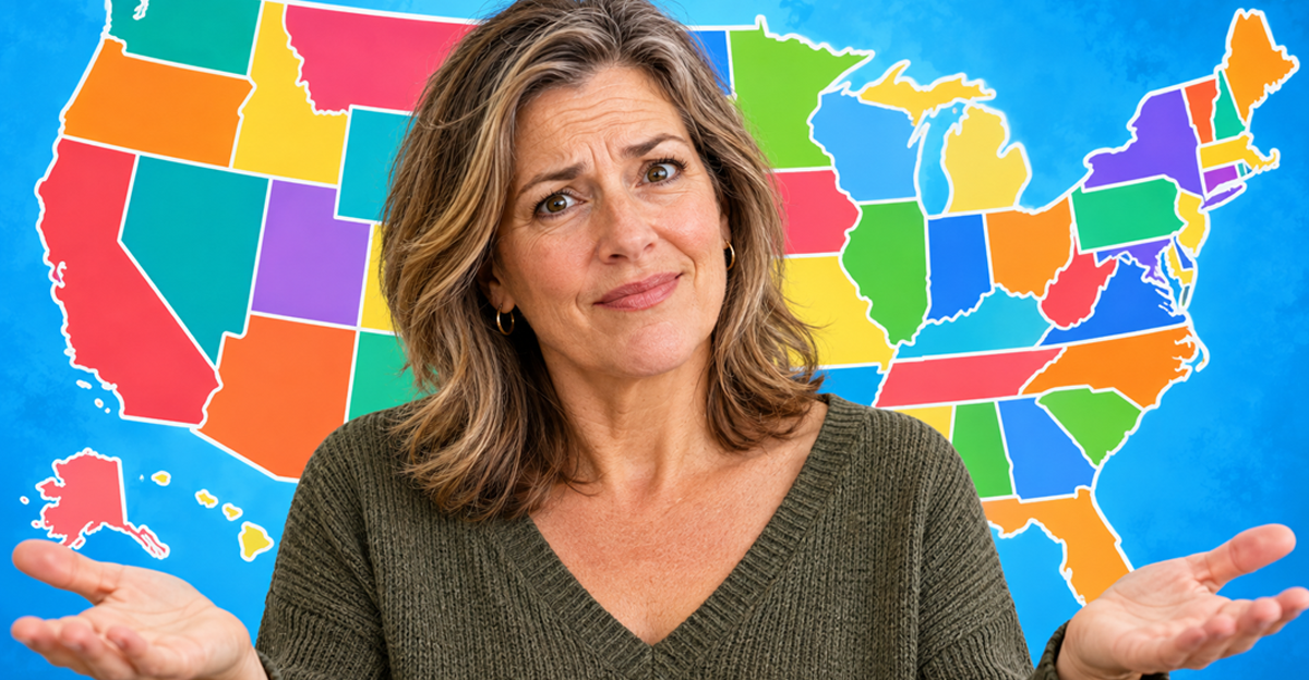 AI-generated image of a woman shrugging in front of a US map
