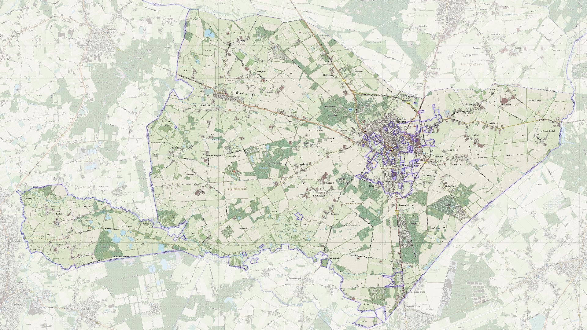 Topografische gemeentekaart. Resolutie: 400 pixels/km.
Kaartbeeld samengesteld uit de open geodata van de Top10NL en Top25namen (Kadaster), Creative Commons-BY licentie. Gebouwvlakken uit open geodata BAG extract. Wegen uit de OpenStreetMap, OpenStreetMap