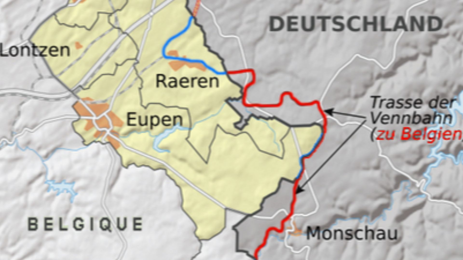 Vennbahn (Ligne des Fagnes) : in red, the belgian section of this railroad in Germany (yellow : german-speaking communes in Belgium). Derivative map from File:Karte Deutschsprachige Gemeinschaft.svg