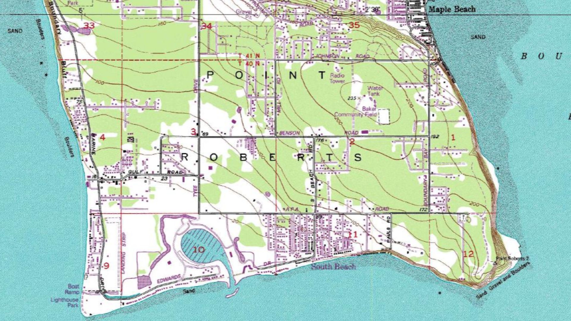 Map of Point Roberts, Washington. The area lies south of 49° northern latitude, thus is part of the United States, but is not connected to the US mainland.