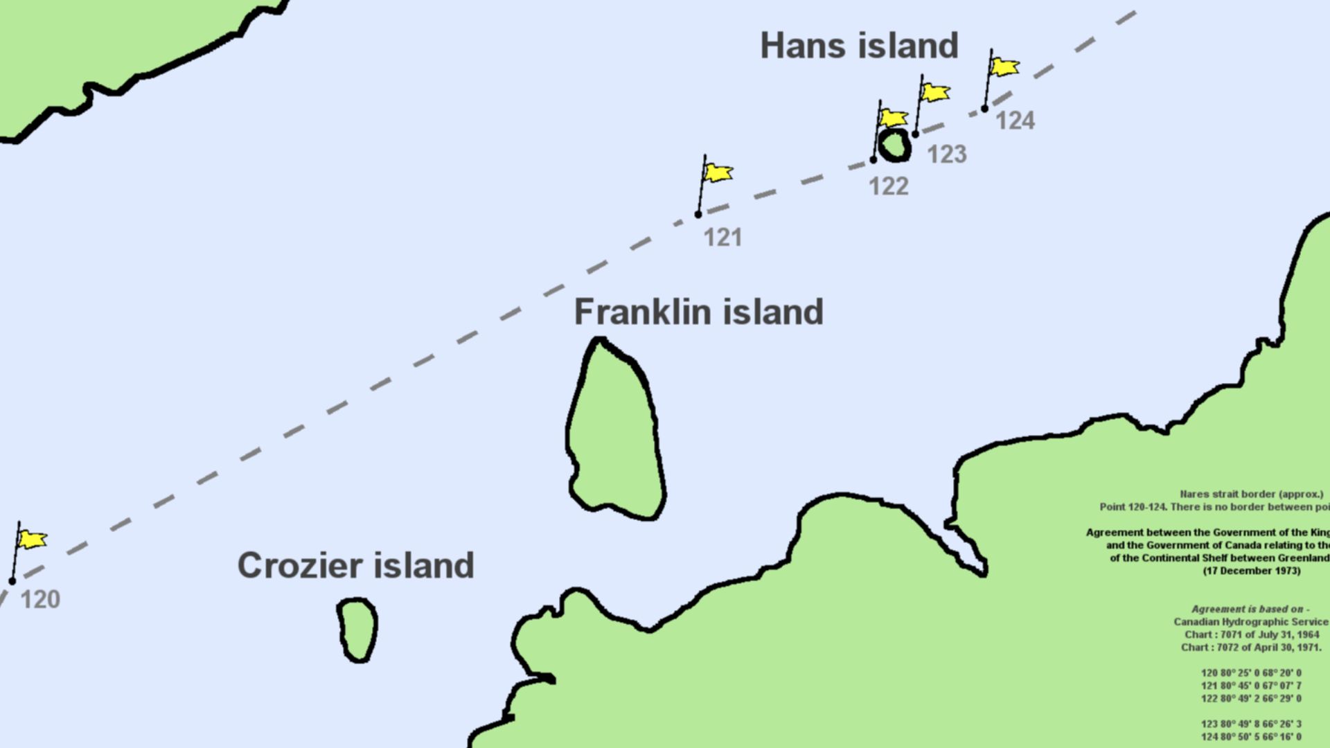 en:Nares Strait (en:Kennedy Channel) border (approx.)
Point 120–124. There is no border between point 122 and 123.
Agreement between the Government of the Kingdom of Denmark and the Government of Canada relating to the Delimitation of the Continental Shel