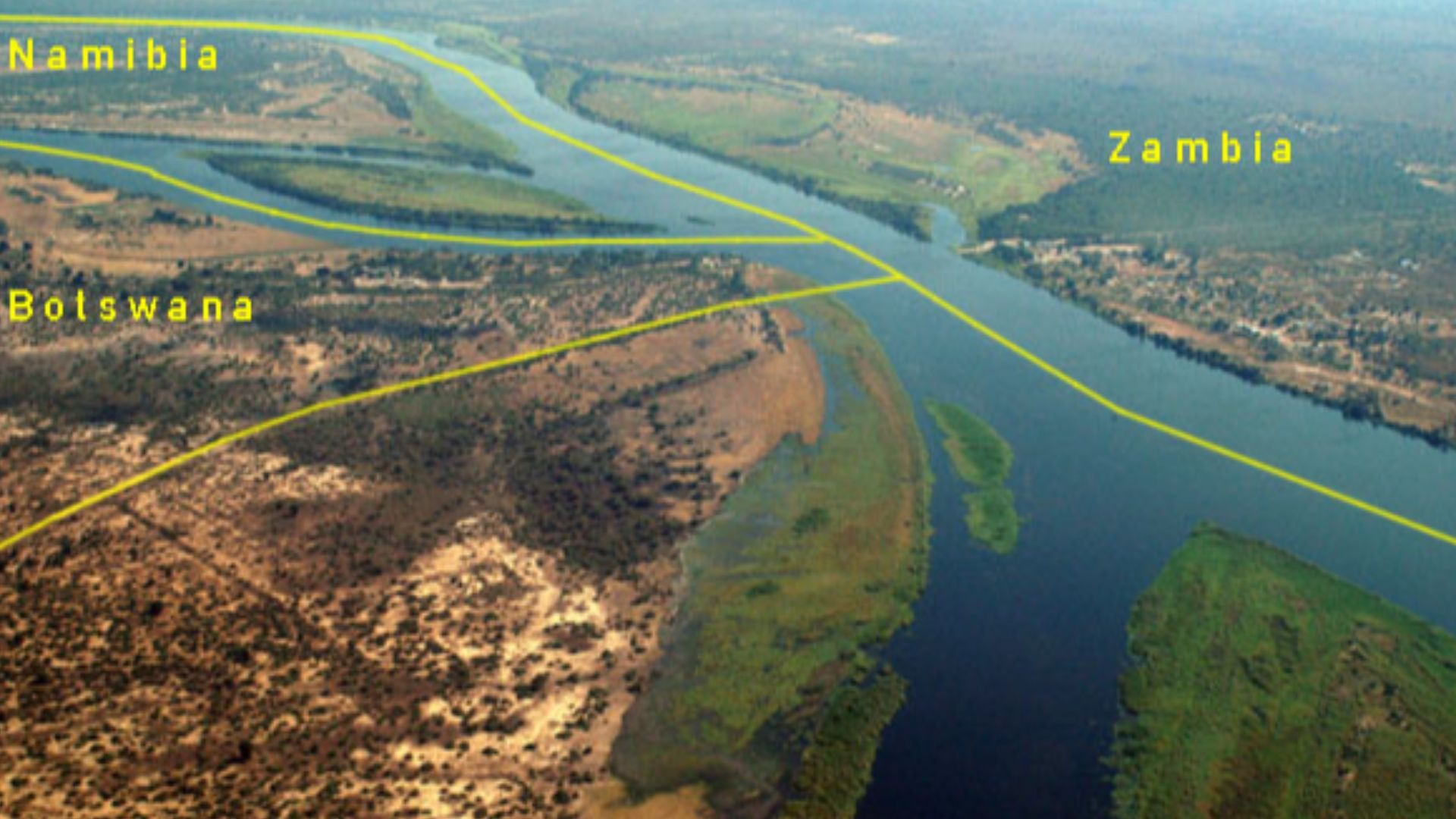 Derivative work from Brian McMorrow's Zambezi River at junction of Namibia, Zambia, Zimbabwe & Botswana, borders added by Julieta39