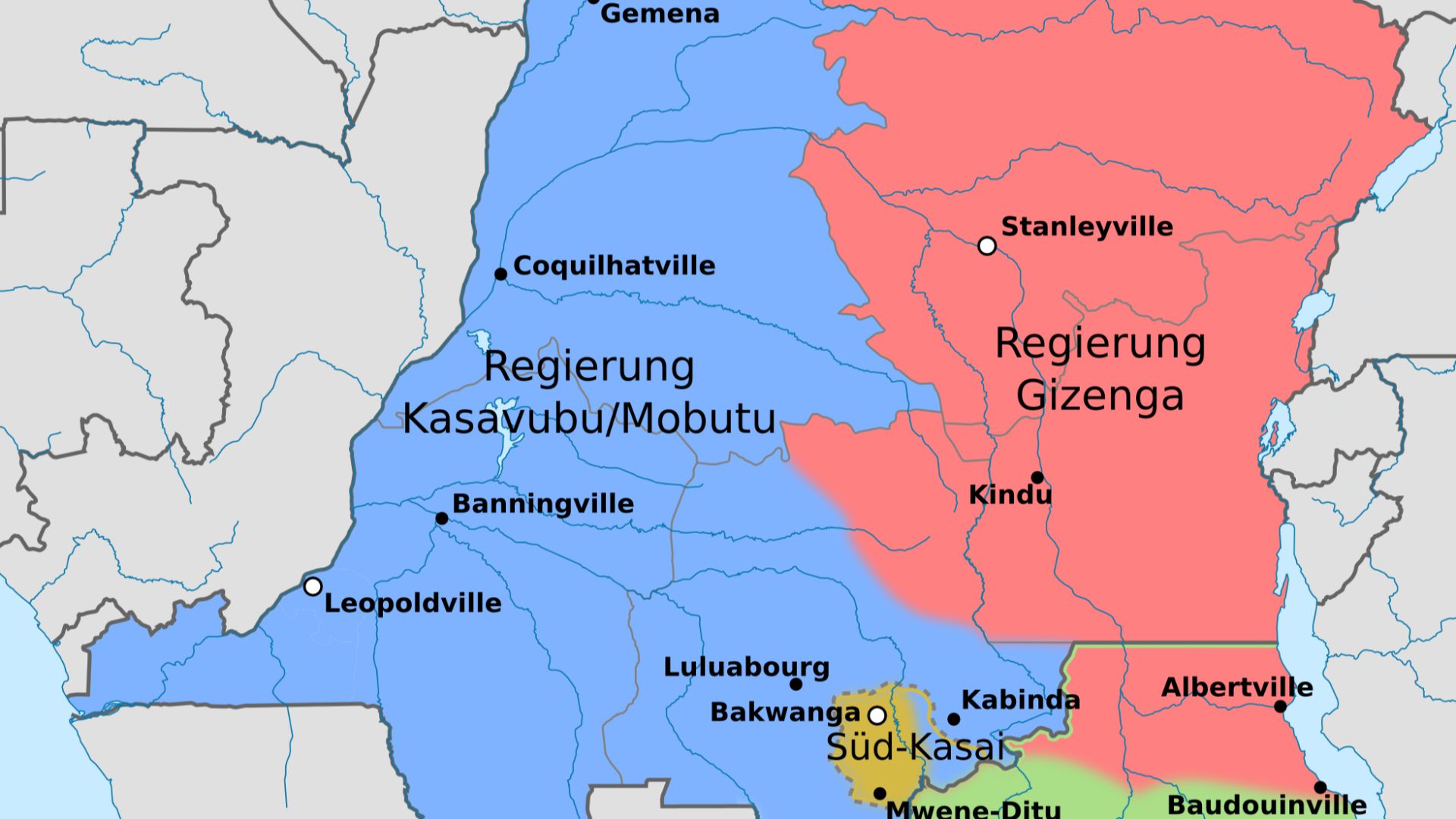 Map of Congo in 1961 (Congo Crisis), in German.
  in blue, the Léopoldville government
  in red, the rebel government based in Stanleyville
  in yellow, autonomous Kasai autonomous Kasai
  in green, independent Katanga independent Katanga