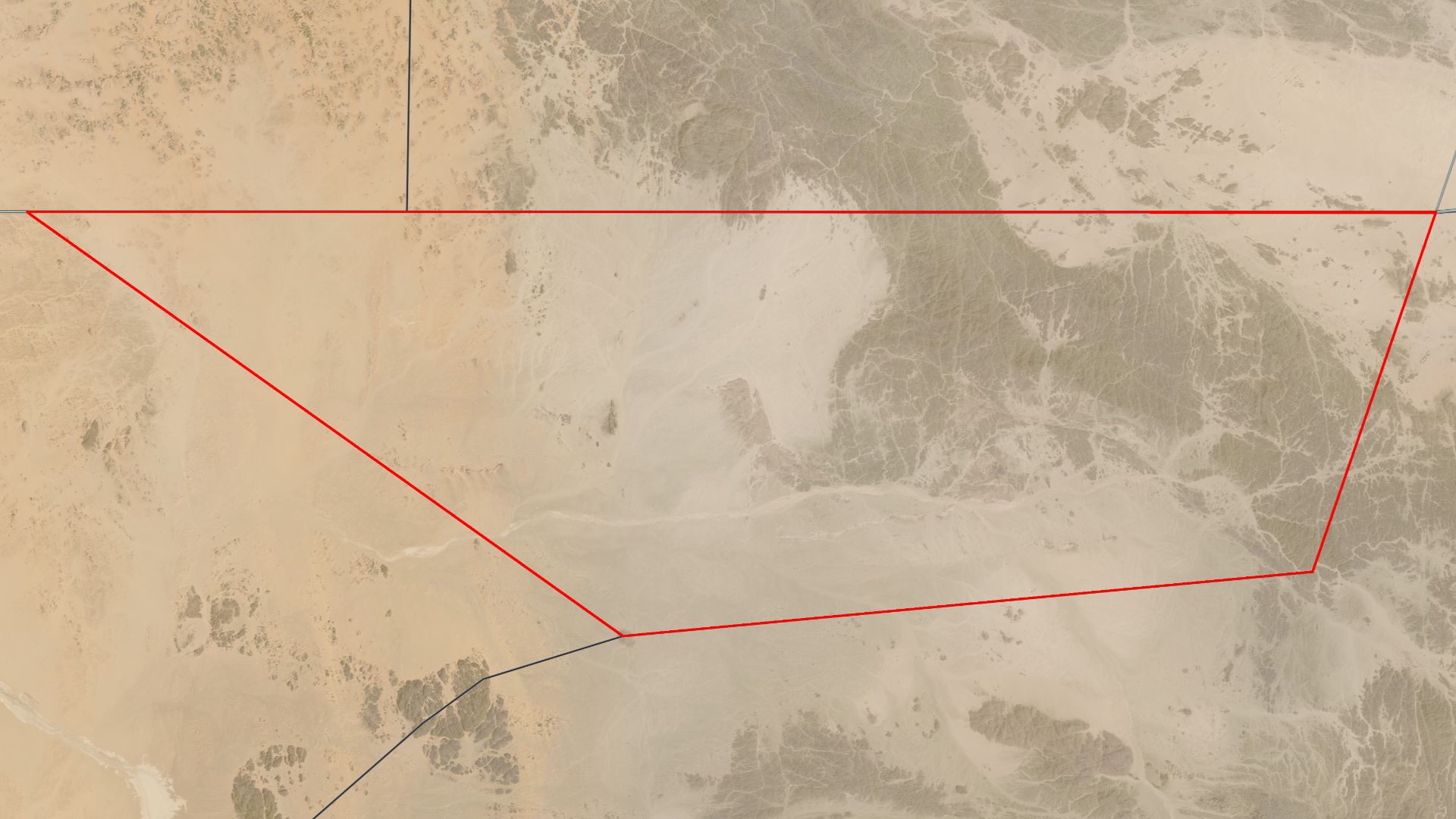 Satellite image of Bir Tawil (highlighted in red), a terra nullius between Egypt and Sudan. This image is composed of two satellite images, one taken on 29 March, and another taken on 5 April.