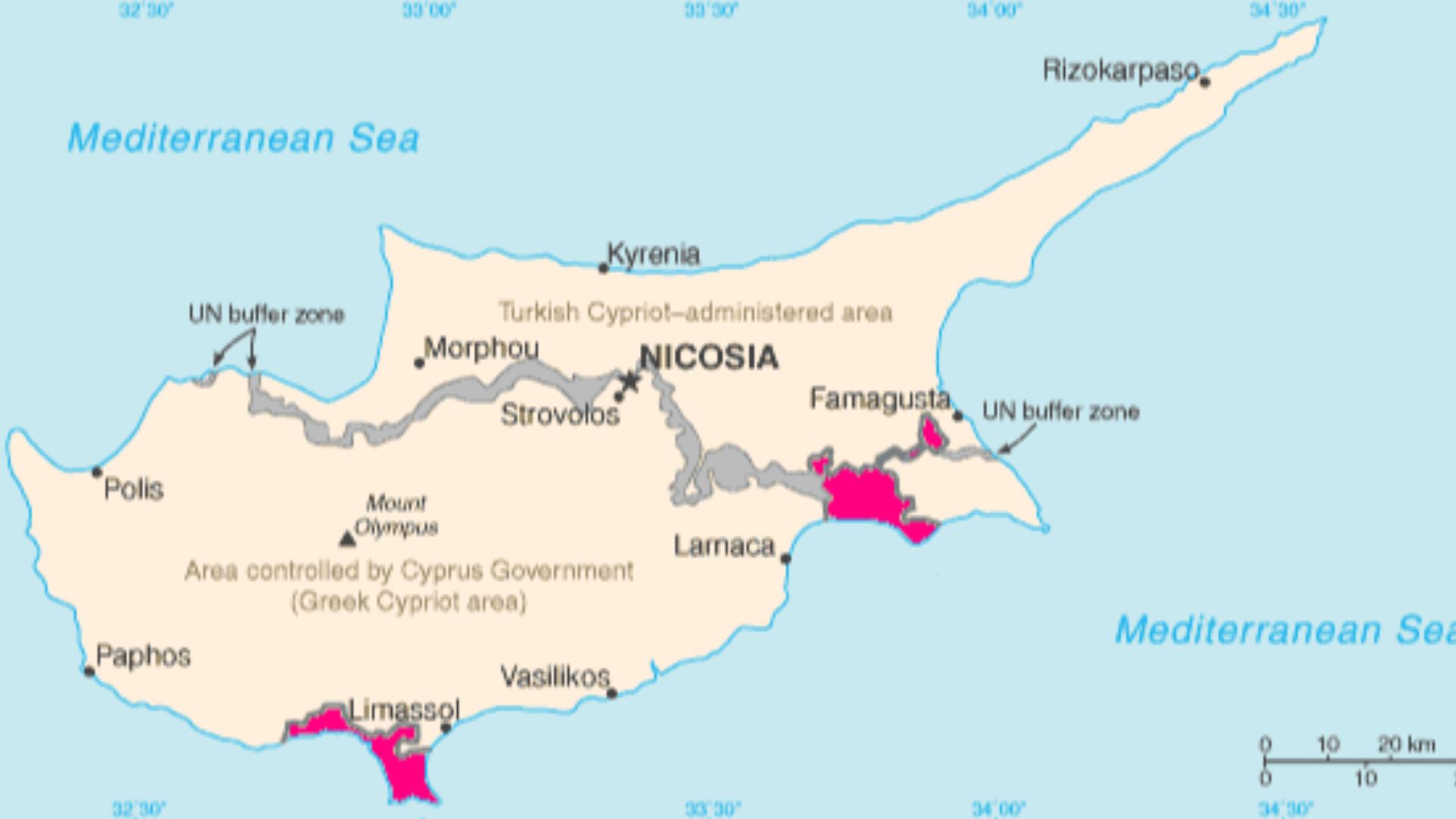 Map of Cyprus with WSBA and ESBA in pink, the traditional colour on maps for British possessions. The map is adapted from the CIA World Factbook map.