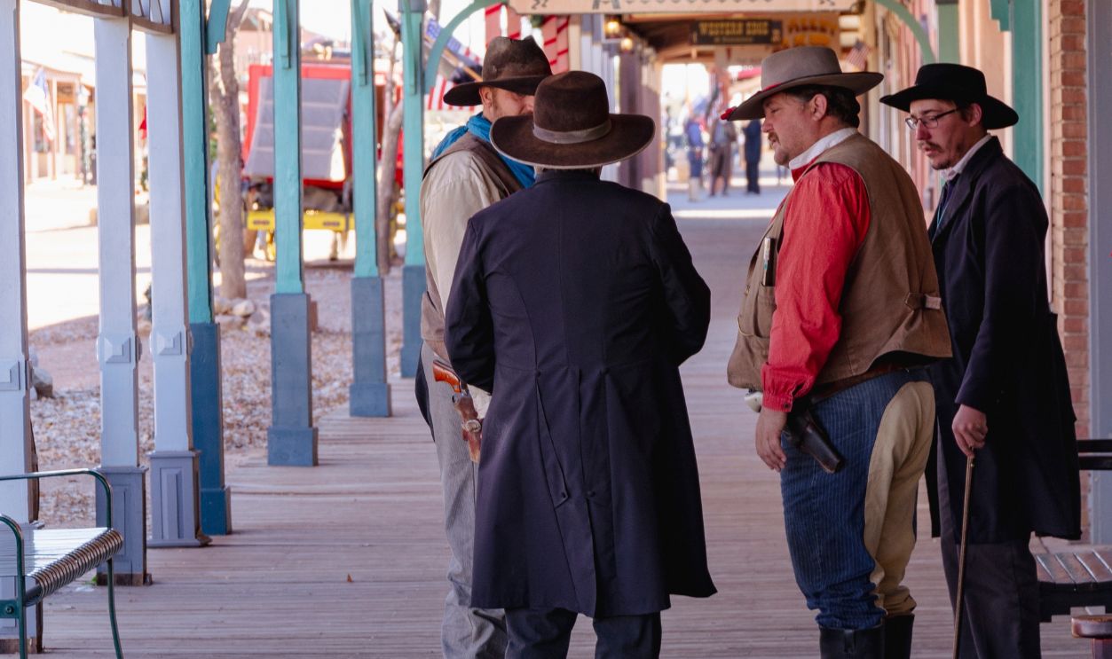 Tombstone Arizona USA, December 19th 2018. Actors talking on the old boardwalks of Tombstone before preparing for the day in Arizona USA