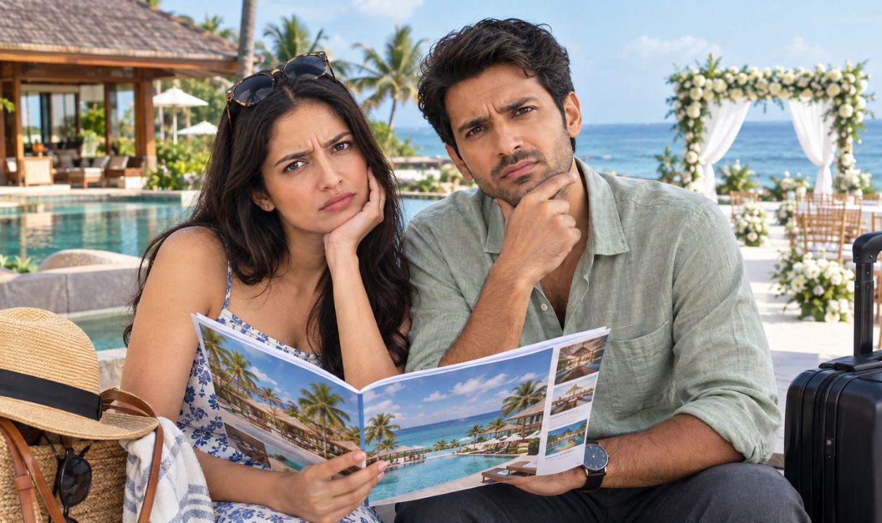 Confused Couple at Tropical Wedding Resort
