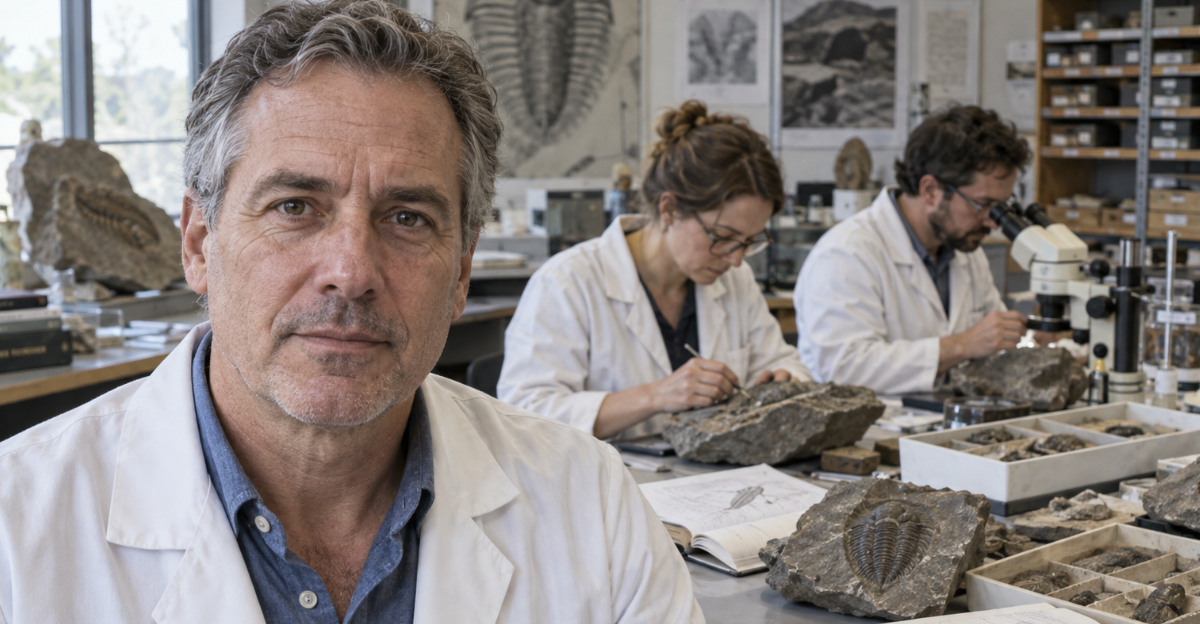 Scientists in lab looking at fossils