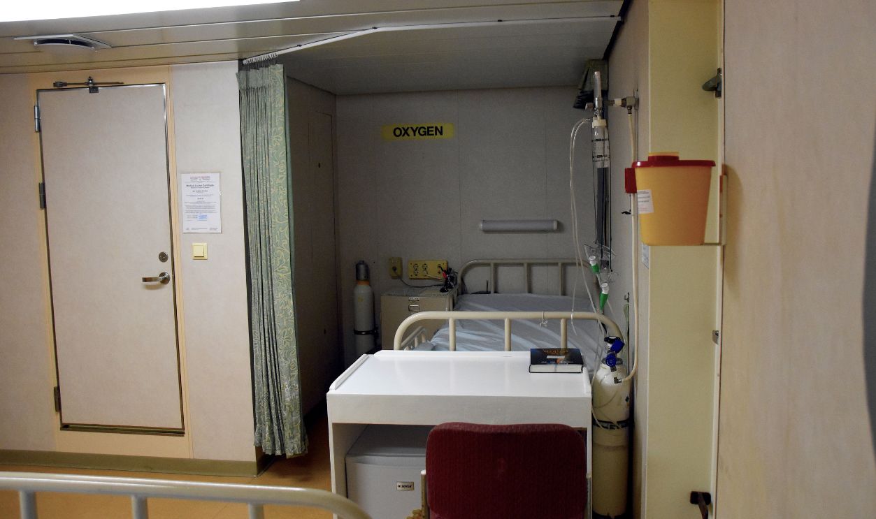 Cape Town, South Africa - March, 31 2023: Hospital room on ship with two beds inside the superstructure of the merchant container vessel. Used for treatment of the crew in emergency cases.