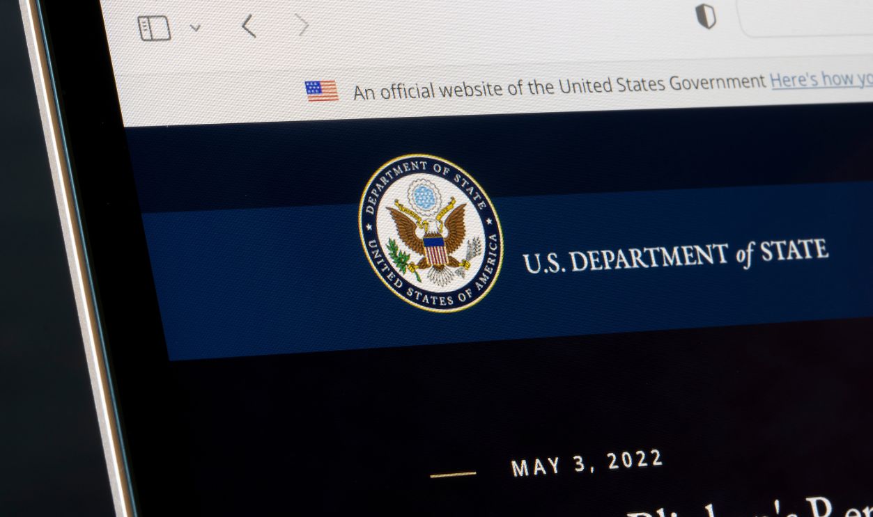 Sunnyvale, CA, USA - May 4, 2022: Closeup of the website homepage of the U.S. Department of State seen on a MacBook computer.