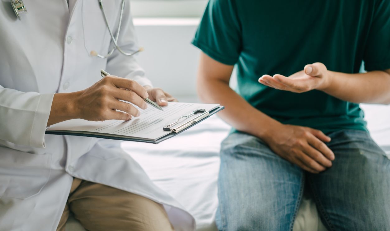 Male patient consulting a medical specialist at hospital. Mental illness, prostate cancer and dementia