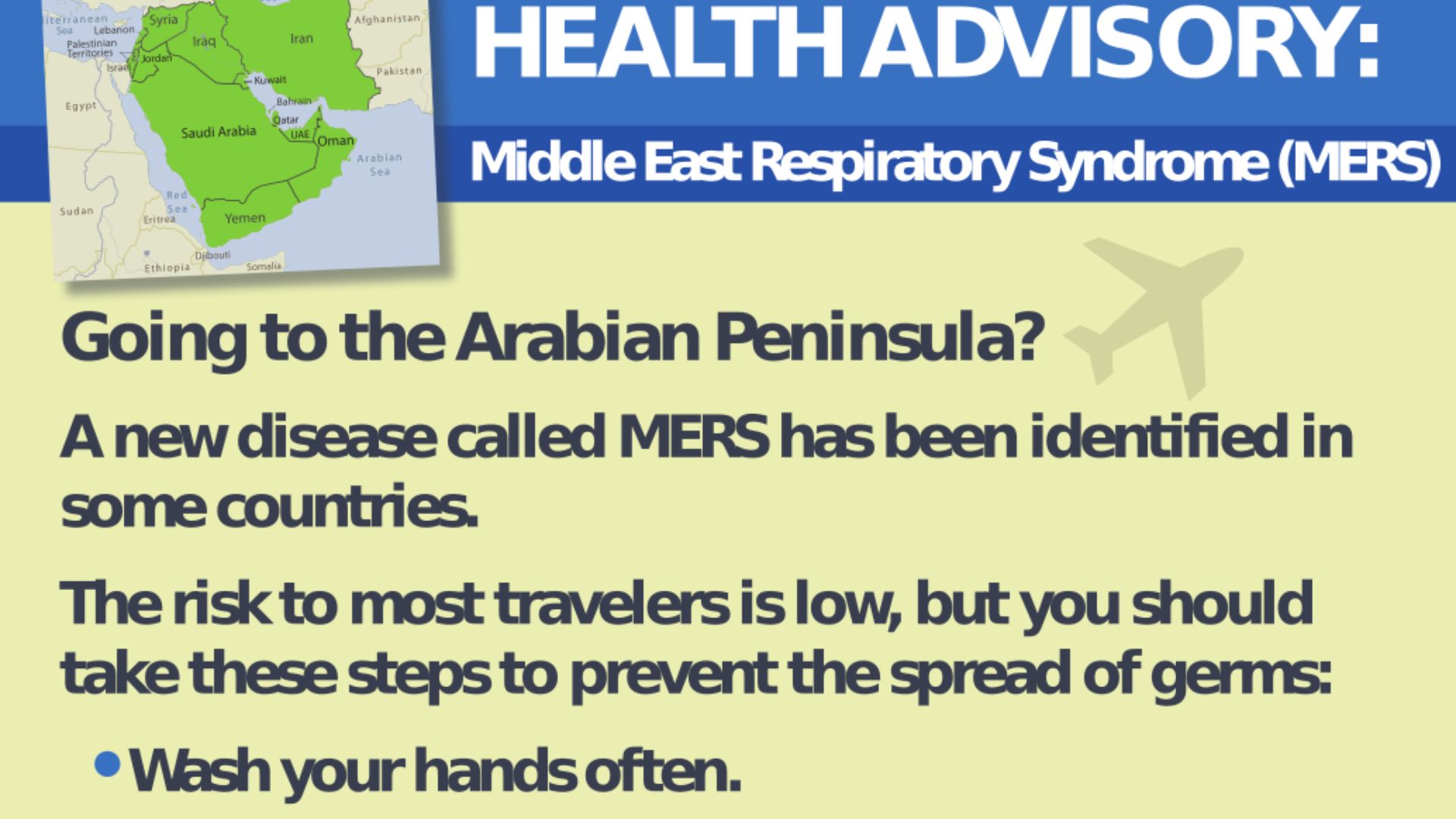 CDC poster with health advisory about the Middle East respiratory syndrome (MERS) for travelers.