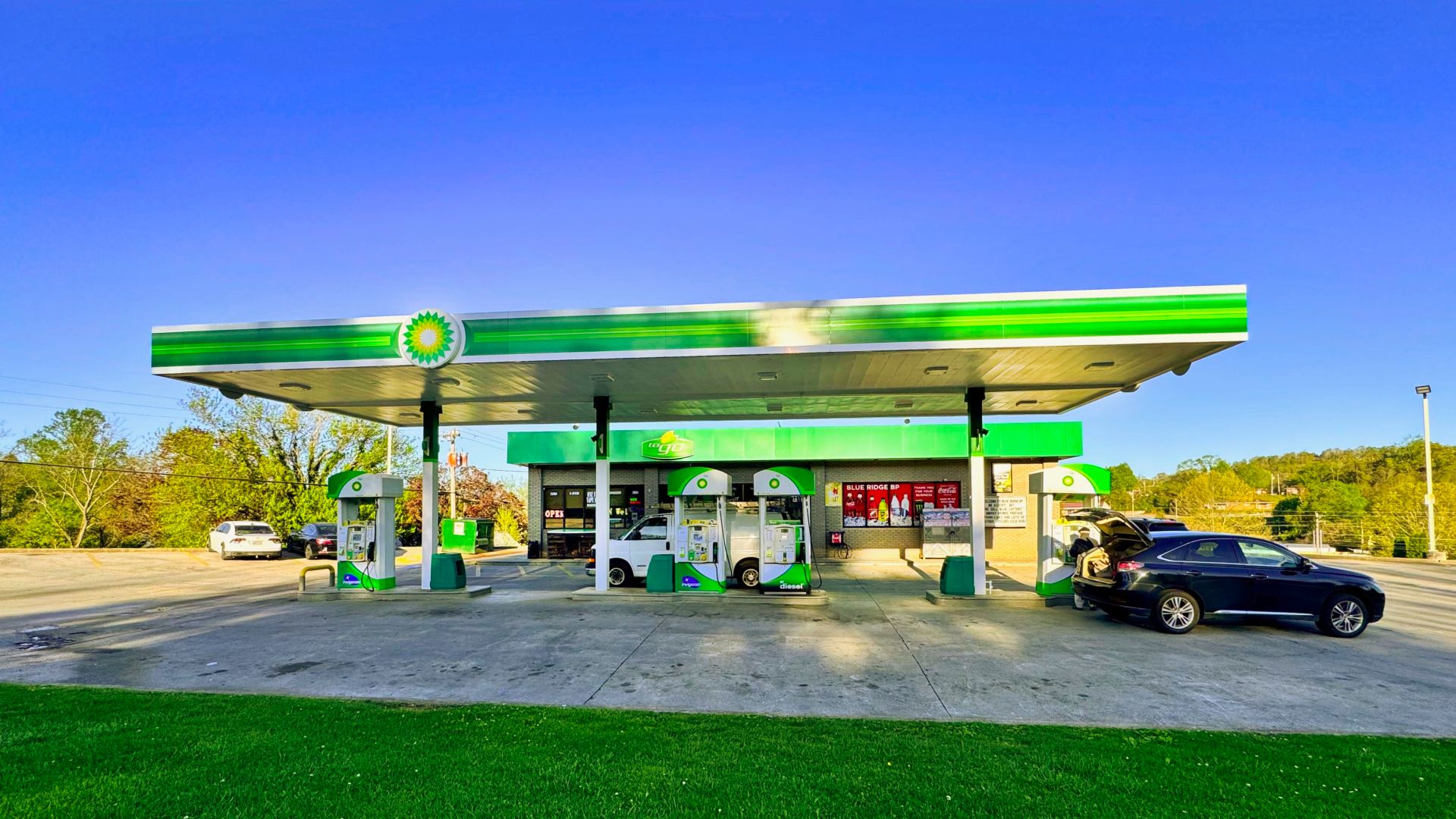 A modern BP gas station or filling station in the United States