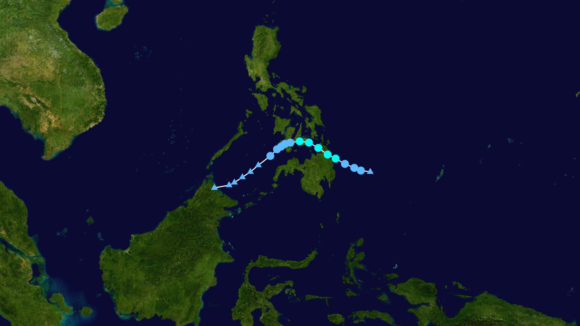 Track map of Tropical Storm Jangmi of the 2014 Pacific typhoon season. The points show the location of the storm at 6-hour intervals. The colour represents the storm's maximum sustained wind speeds as classified in the  (see below), and the shape of the d
