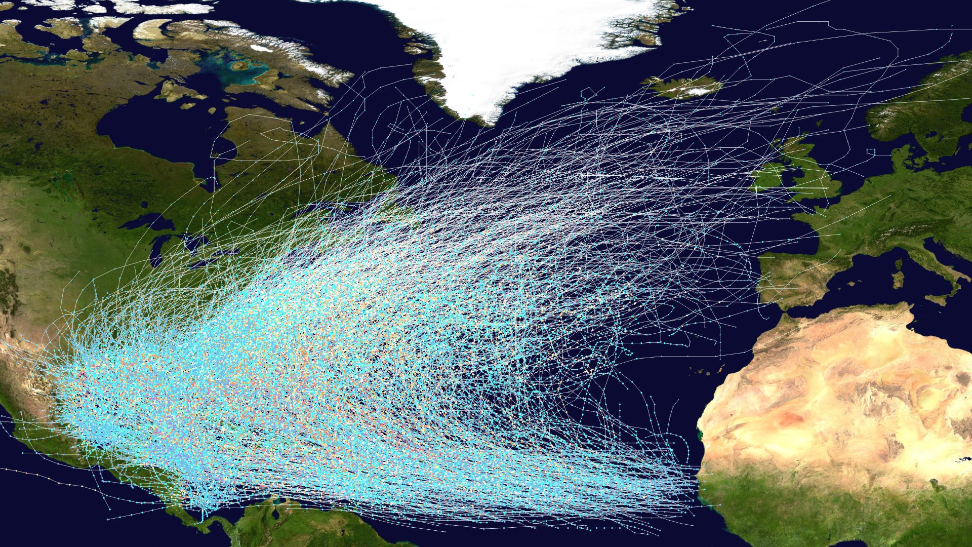 This map shows the tracks of all Atlantic hurricanes which formed between 1851 and 2025. The points show the locations of the storms at six-hourly intervals and use the color scheme shown to the right from Saffir-Simpson Hurricane Scale.