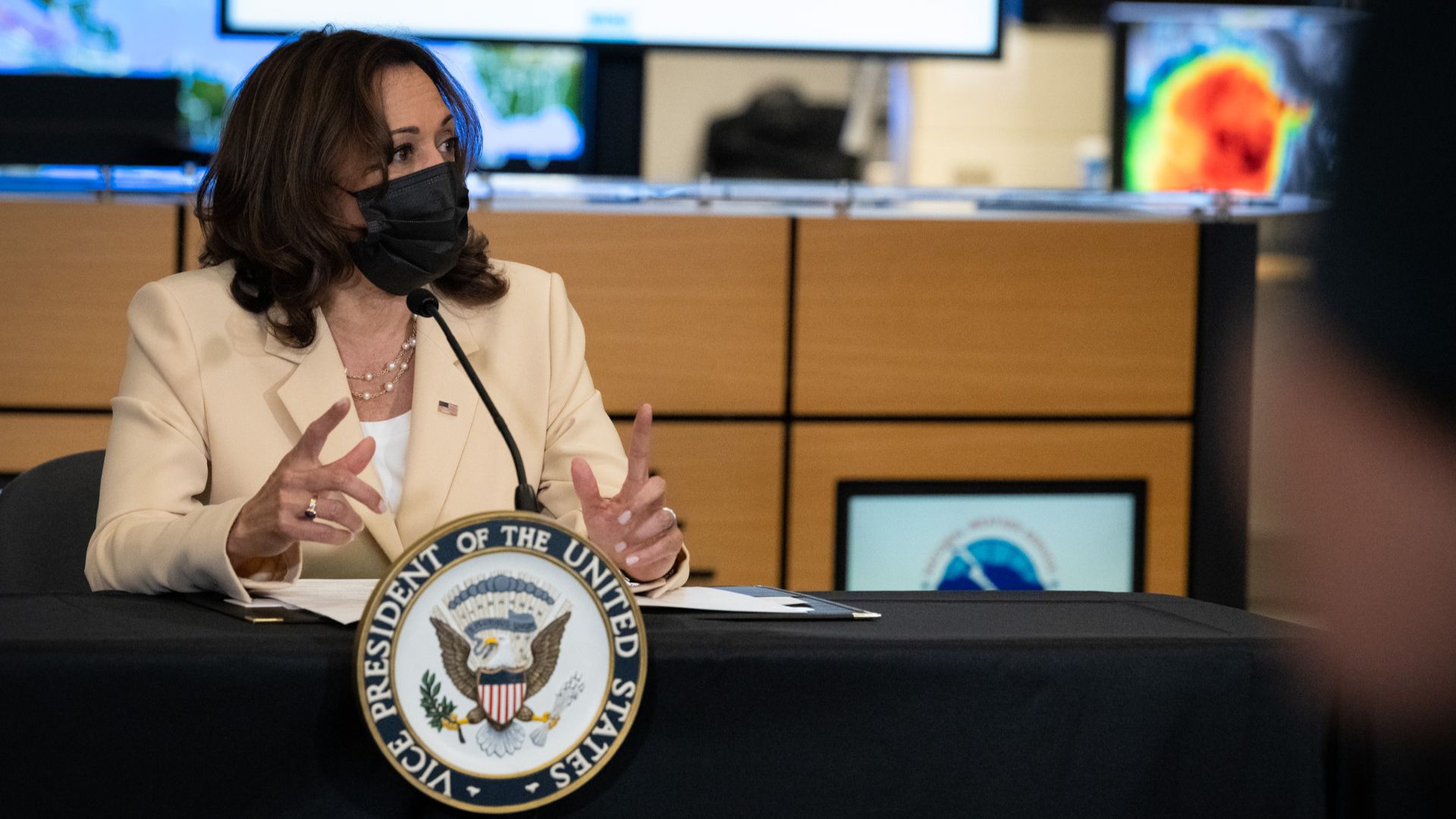 MIAMI (August 01, 2022) Homeland Security Secretary Alejandro Mayorkas attended a briefing with Vice President Kamala Harris at the National Hurricane Center at Florida International University in Miami. (DHS photo by Sydney Phoenix)