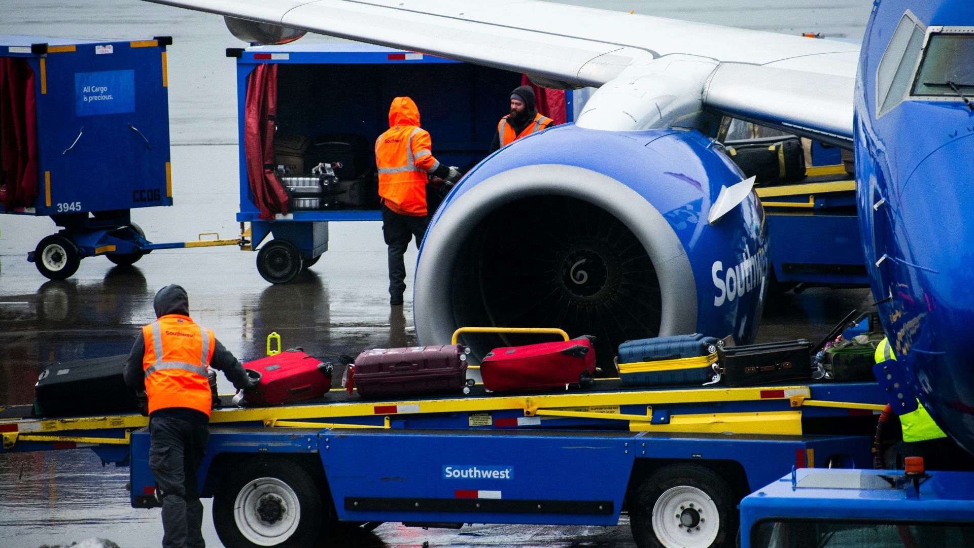 An airplane being loaded with luggage on the tarmac