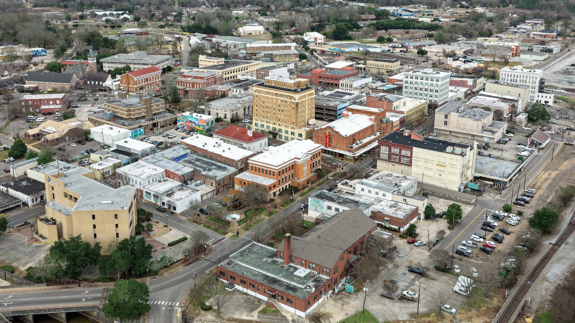 Aerial view of downtown Hattiesburg, Mississippi (pop. 48,730).