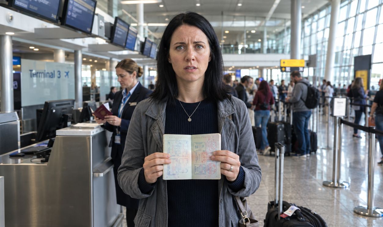 woman with a passport in hand at airport