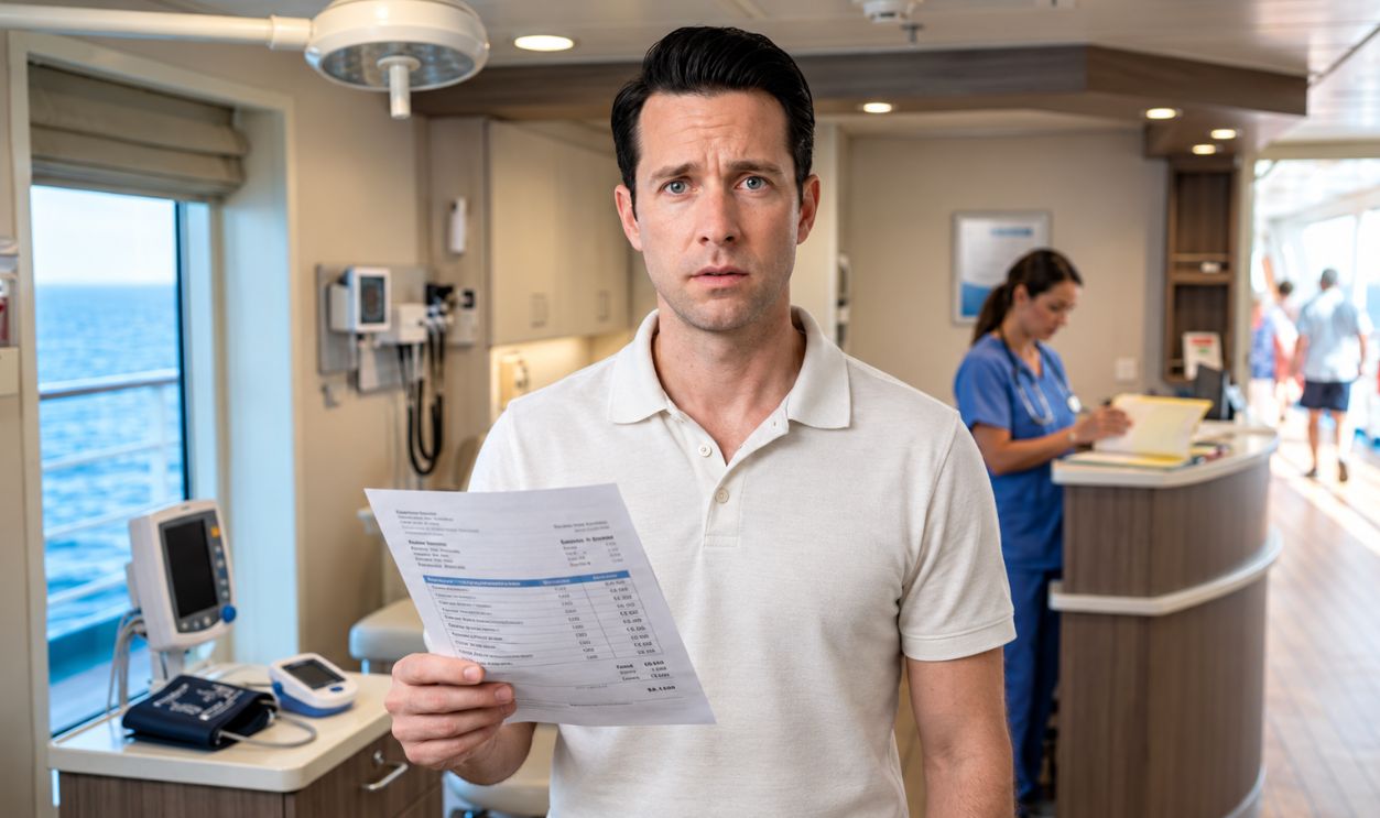 man holding invoice at cruise ship medical center