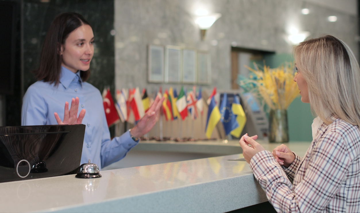 Woman frustrated for argument, mistake in hotel lobby.