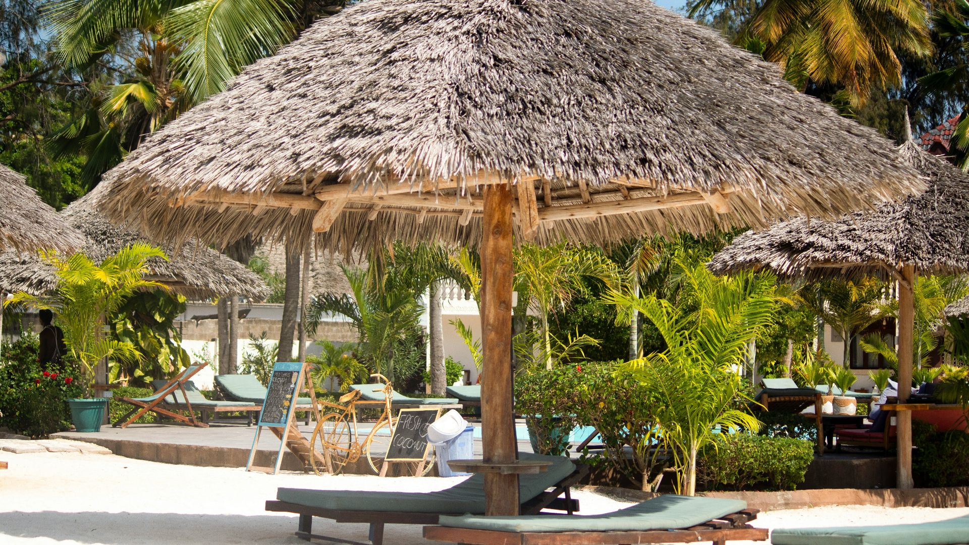 a couple of lounge chairs under a straw umbrella